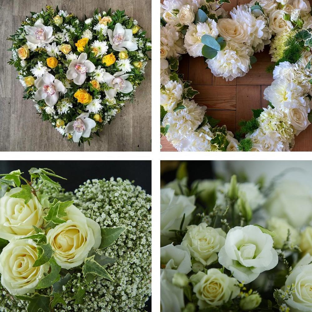 Funeral heart tribute in neutral flowers — standard