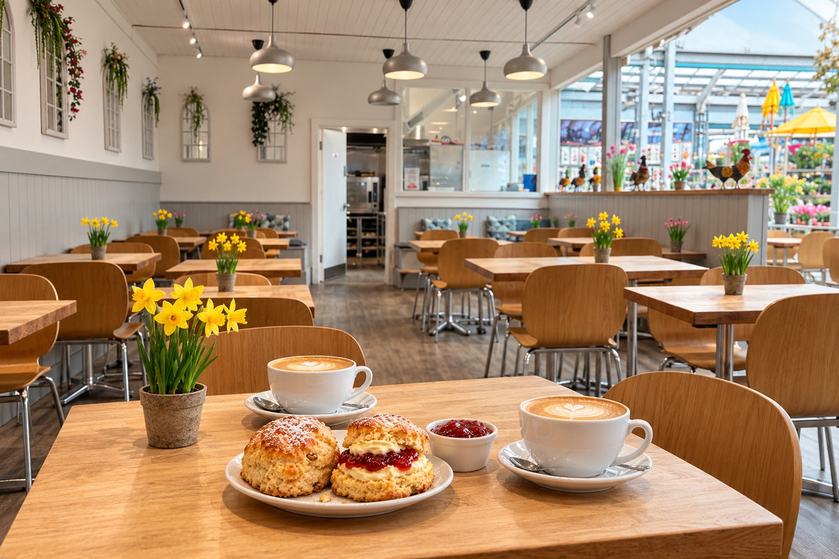 Styled café scene based on Newlands café, with oak bistro tables, wooden chairs and silver pendant lights