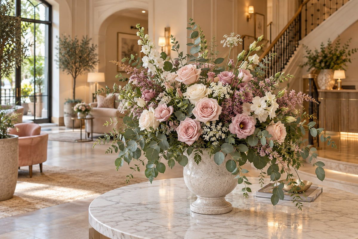 Illustrative hotel foyer with a blush pink and cream floral arrangement on a round table