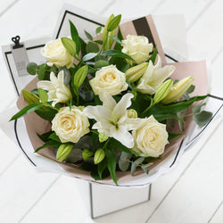 Beautifully Simple White Rose and Lily Bouquet – Newlands Flower Boutique