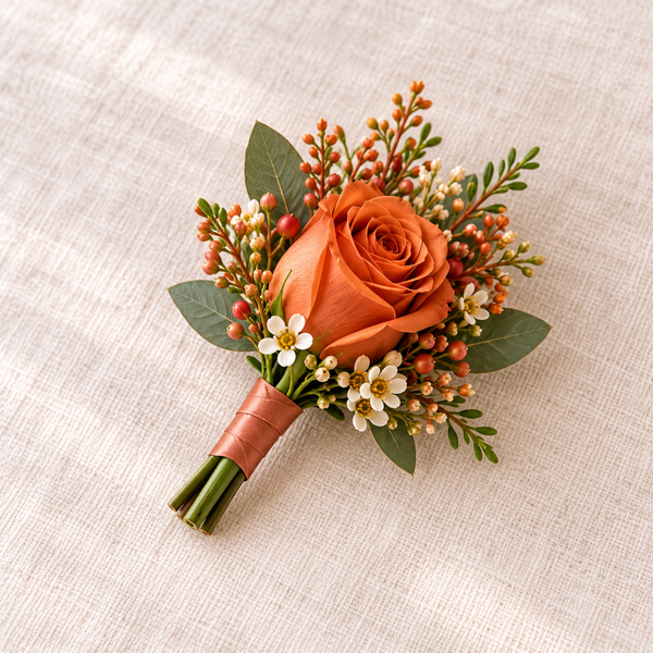 Autumn Romance Groom’s Buttonhole – wedding flowers by Newlands Flower Boutique