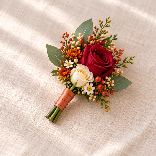 Autumn Romance Father’s Corsage – wedding flowers by Newlands Flower Boutique