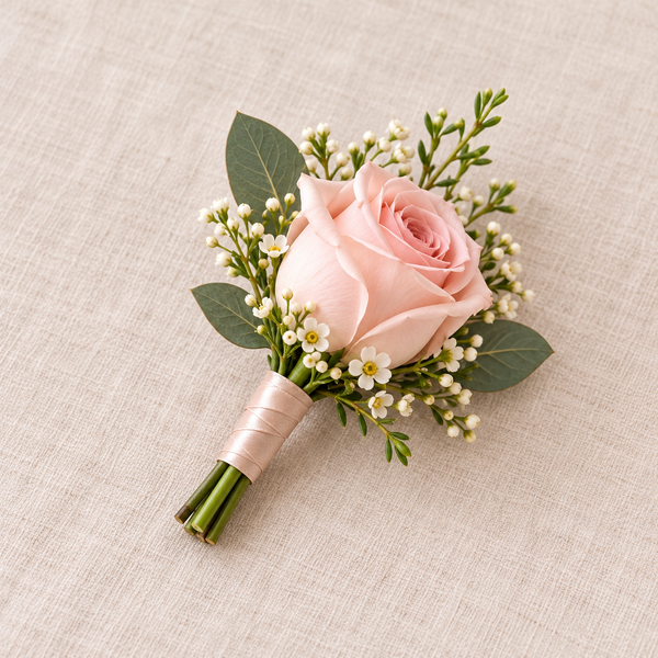 Blush Romance Groomsman’s Buttonhole – wedding flowers by Newlands Flower Boutique