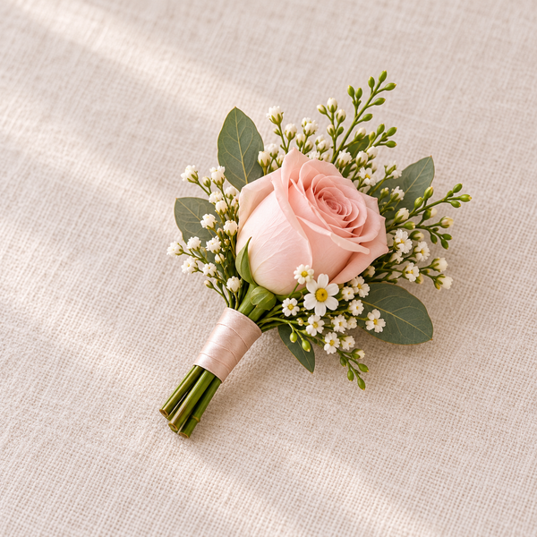 Blush Romance Father’s Corsage – wedding flowers by Newlands Flower Boutique