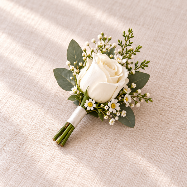 Ivory Romance Groom’s Buttonhole – wedding flowers by Newlands Flower Boutique
