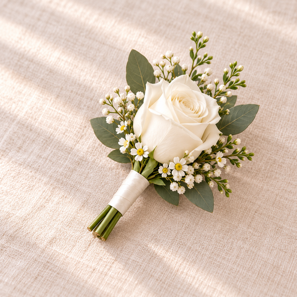 Ivory Romance Father’s Corsage – wedding flowers by Newlands Flower Boutique