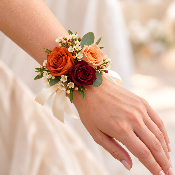 Mother’s wrist corsage in burnt orange, apricot and burgundy with satin ribbon