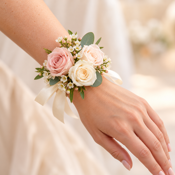 Mother’s wrist corsage in blush pink and ivory with roses, waxflower and satin ribbon