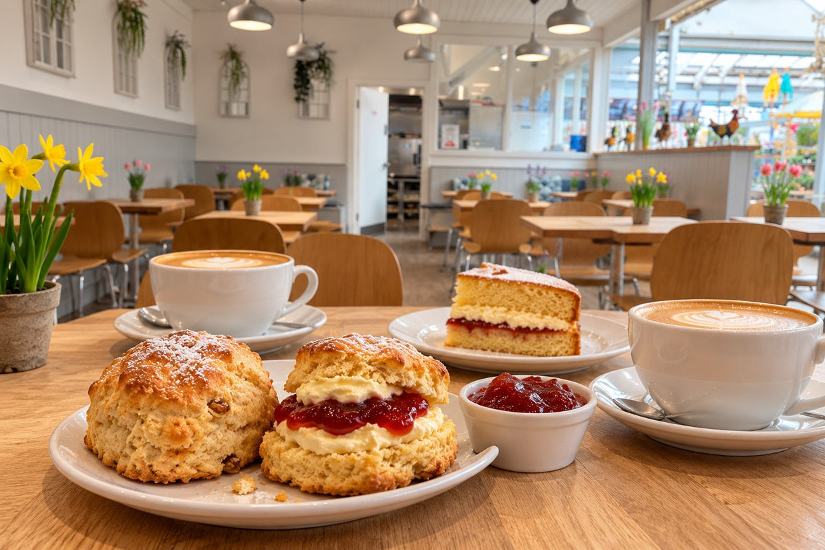 Coffee, scones with cream and jam, and cake in a styled scene based on Newlands café