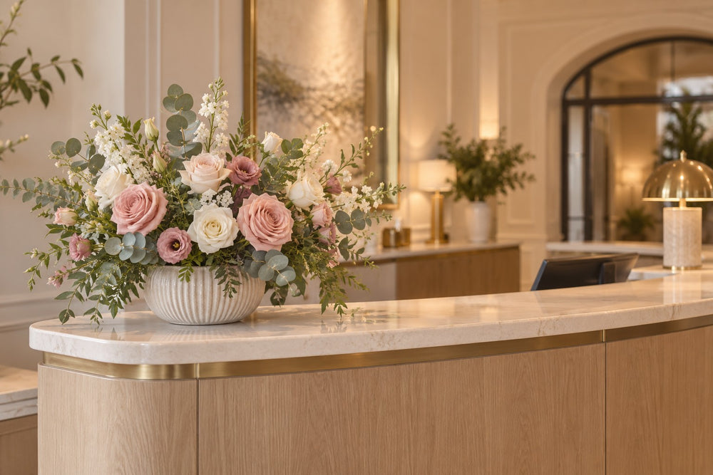 Illustrative reception desk with a soft pink and cream fresh flower arrangement
