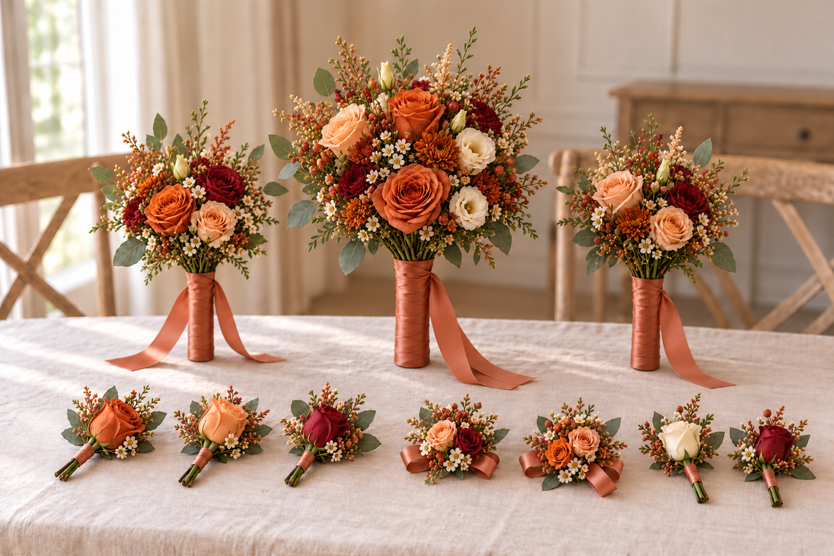 Romantic wedding package in autumn with satin ribbon covered bouquet handles, matching buttonholes and corsages