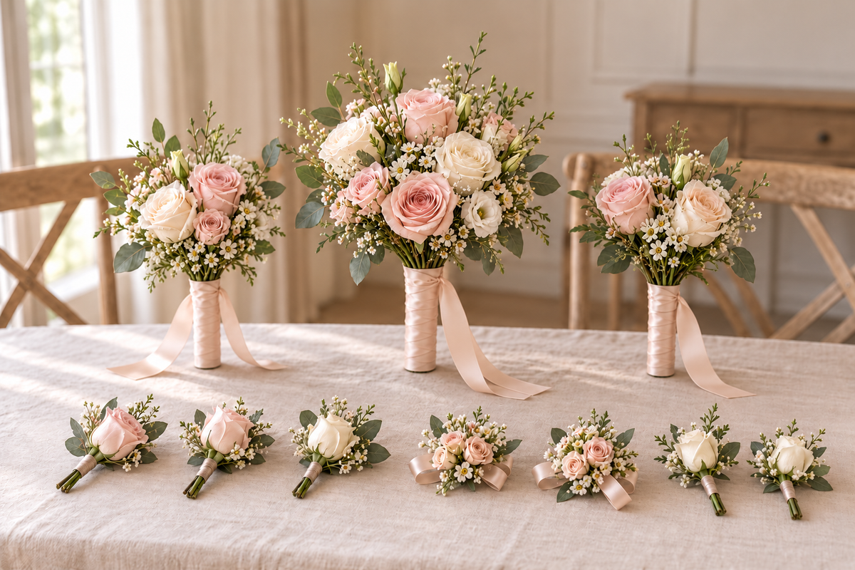 Romantic wedding package in pink with satin ribbon covered bouquet handles, matching buttonholes and corsages