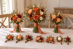 Romantic wedding package in autumn orange, apricot, burgundy and cream with matching buttonholes and corsages