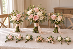 Romantic wedding package with slender blush and ivory bridal and bridesmaid bouquets, buttonholes and corsages