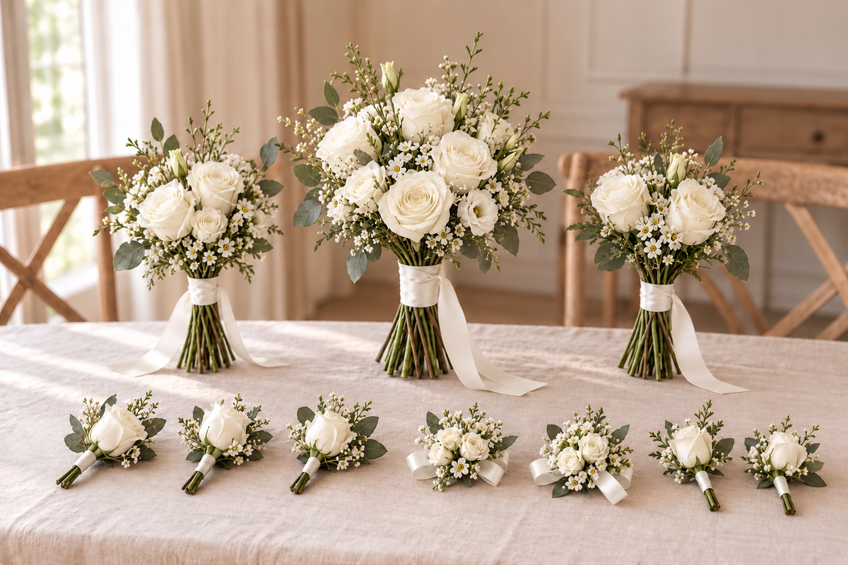 Romantic wedding package with slender white and ivory bridal and bridesmaid bouquets, matching buttonholes and corsages