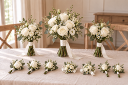 Romantic wedding package with slender white and ivory bridal and bridesmaid bouquets, matching buttonholes and corsages