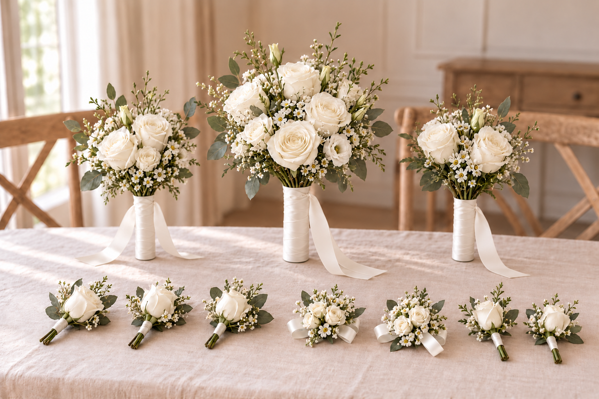 Romantic wedding package in white with satin ribbon covered bouquet handles, matching buttonholes and corsages