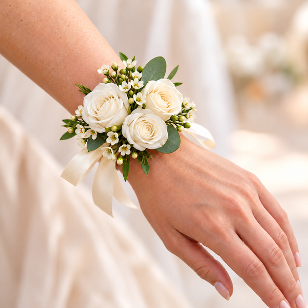 Mother’s wrist corsage in white and soft ivory roses with waxflower and ivory ribbon