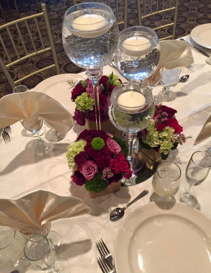 3 Glass Goblets with arrangements on Round Mirrorrs