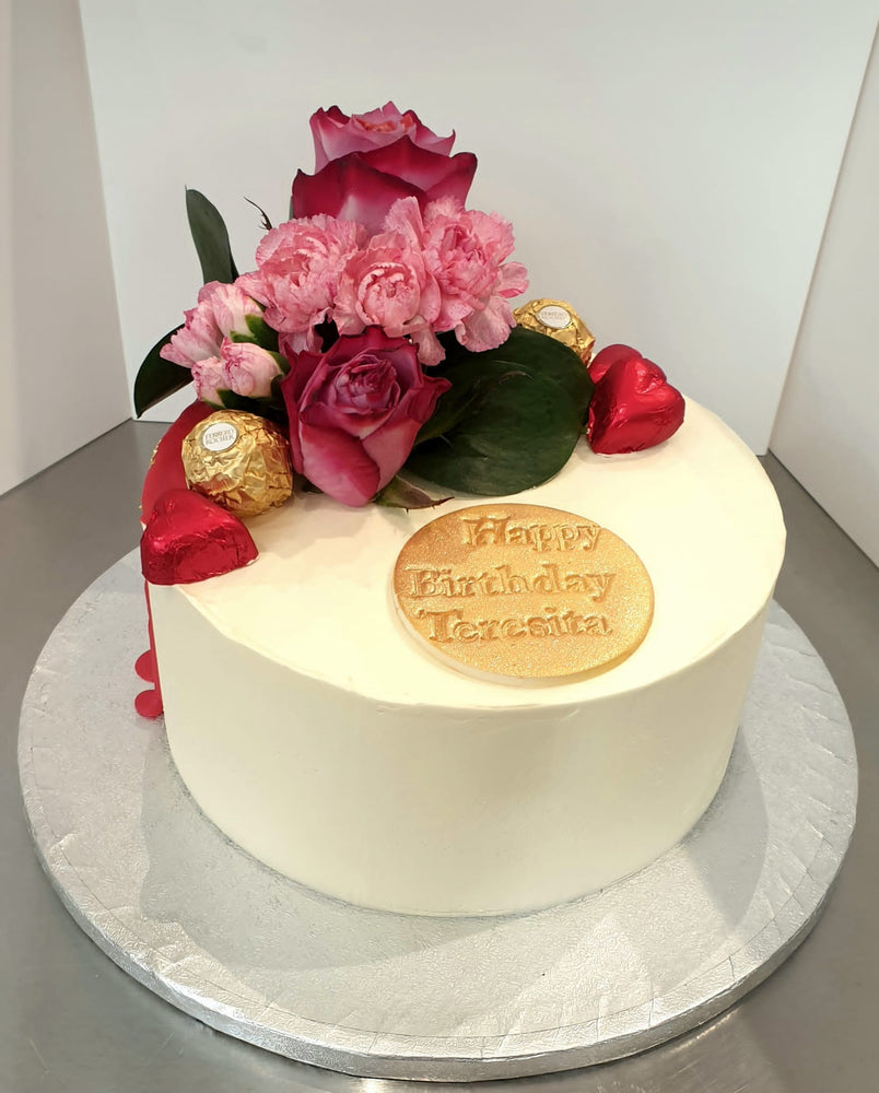 Bespoke Cake Topped With Flowers & Chocolates