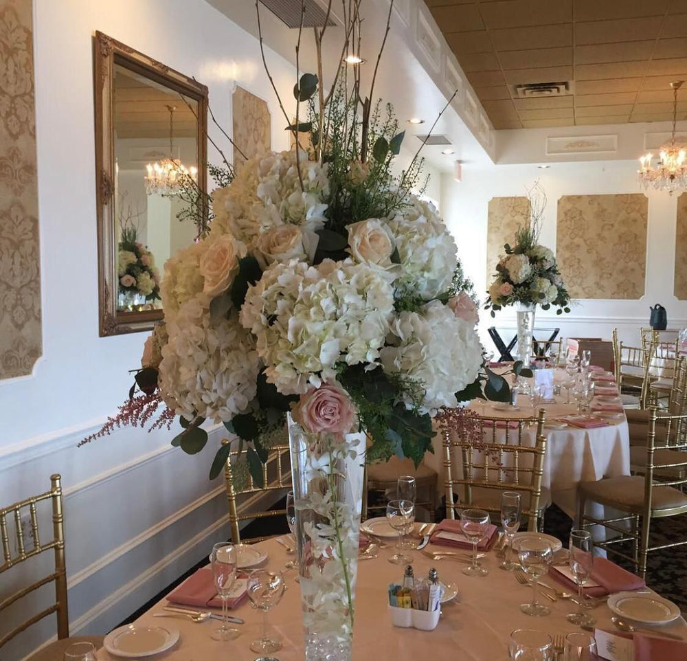 High Centerpieces with Hydrangea Rose Dendron Orchids