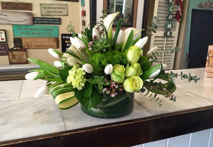 Oblong Cylinder Vase Arrangement of all White Flowers